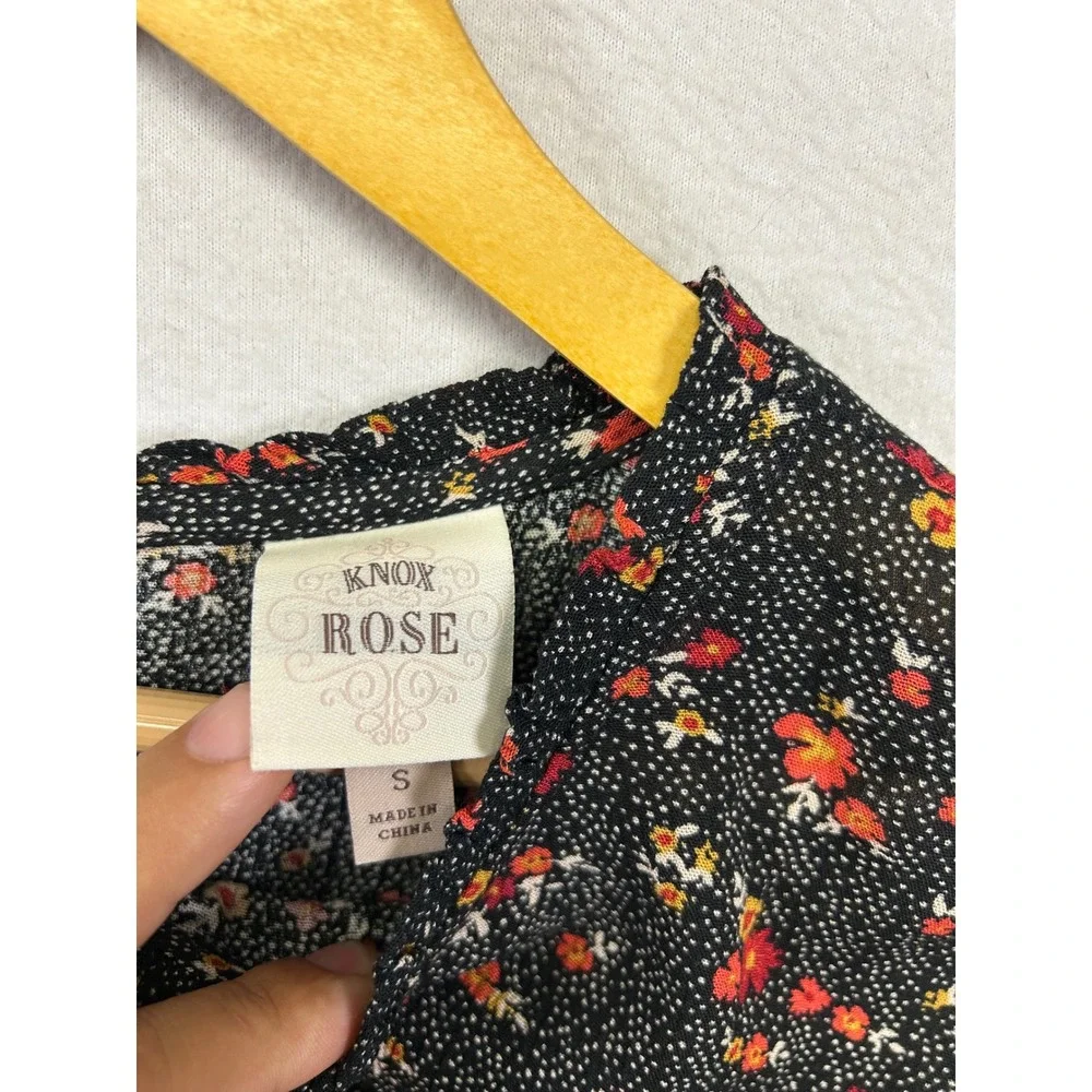Knox Rose Boho Cottagecore Womens Small Black Floral Peplum Ruffle Blouse